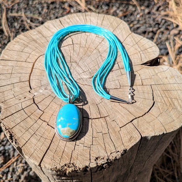 Navajo Mountain Pendant & Kingman Turquoise 5 Strands Necklace Heishi Jewelry*** - Picture 1 of 11